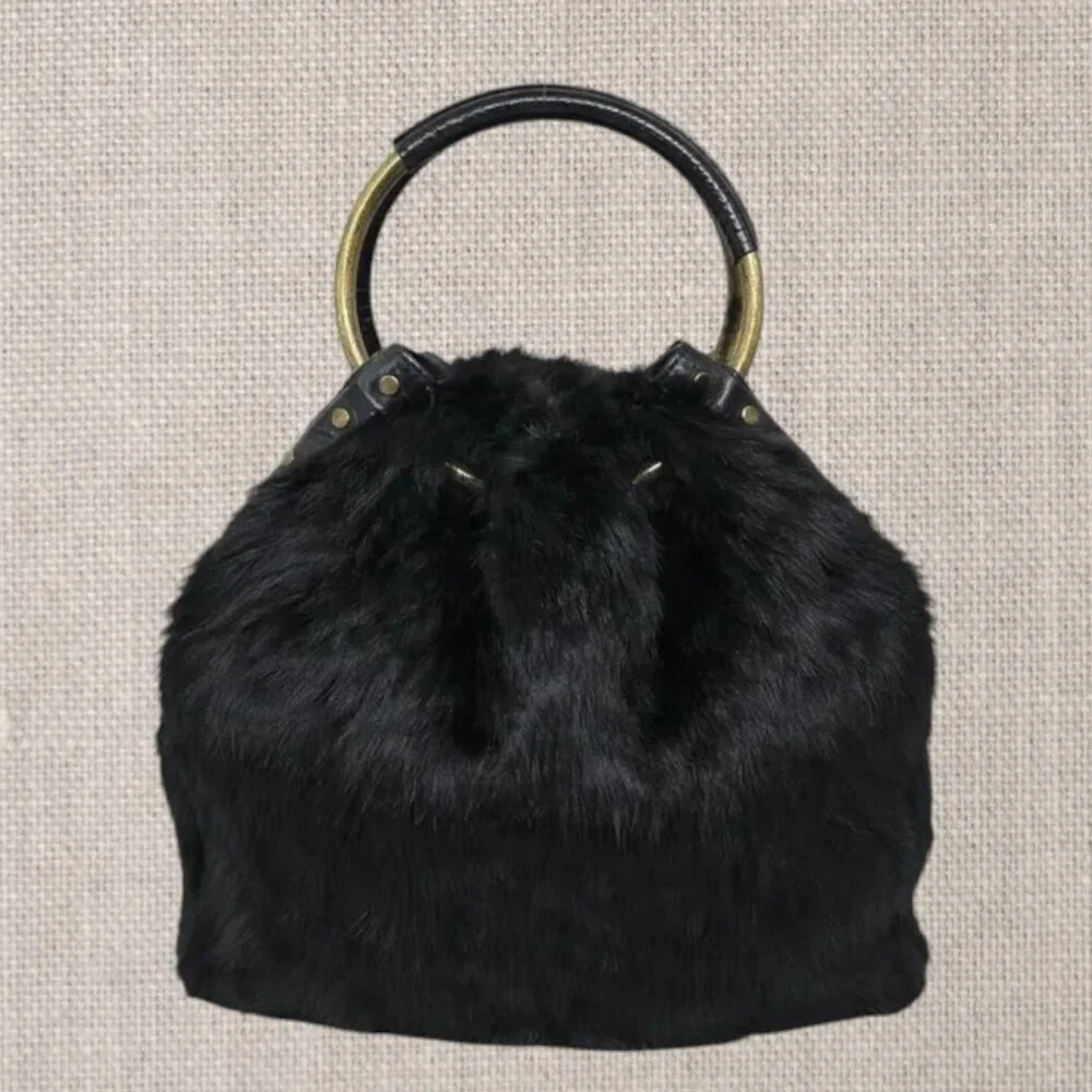 Vintage Adrienne Vittadini Black Black Double Handle Rabbit Fur Handbag Purse